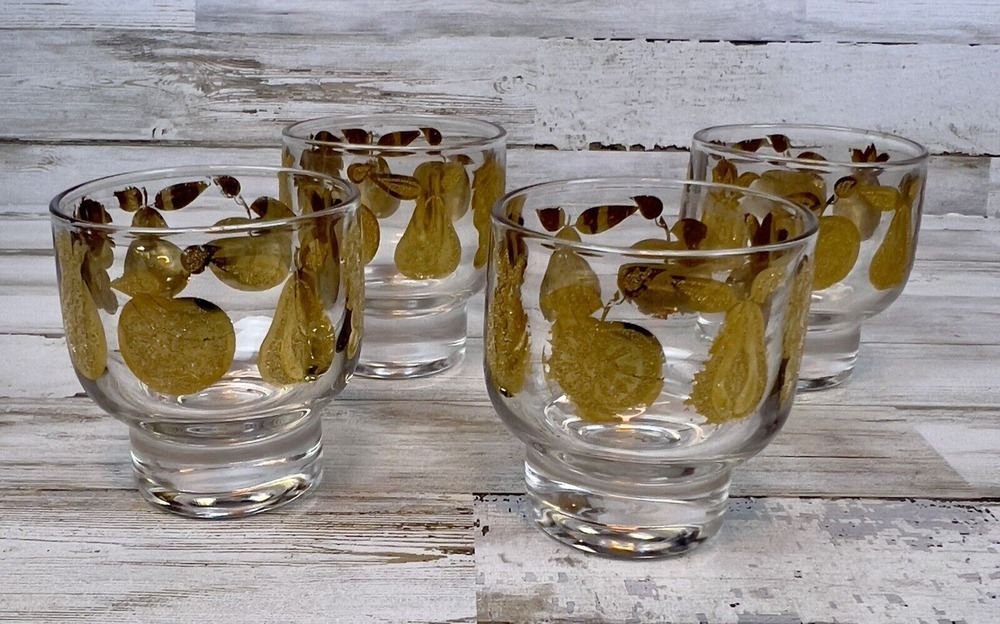 Set of 4 Vtg Culver Florentine Footed Lowball 22k Gold Pineapple Fruit Glasses